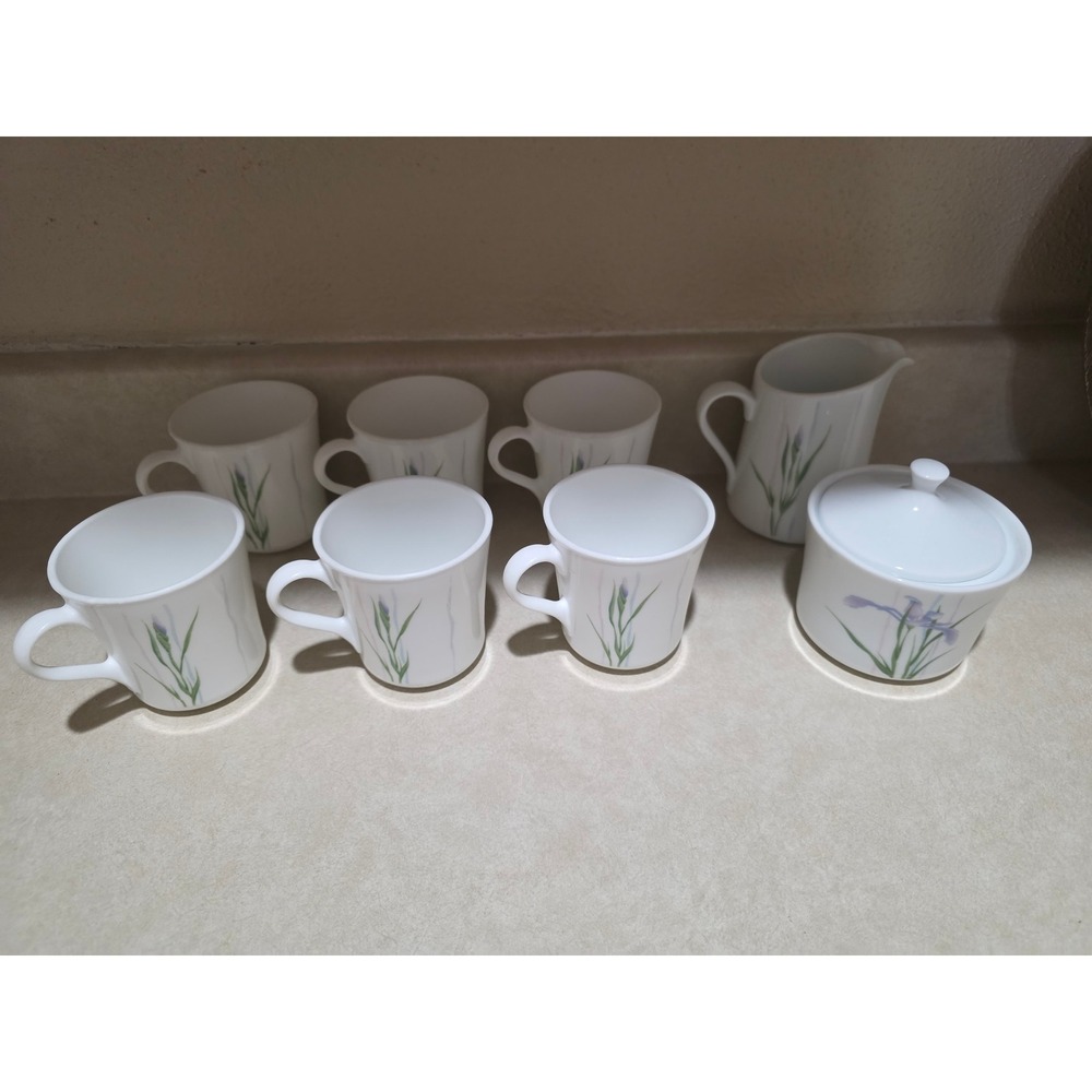 Corelle Iris Vitrelle Tea Coffee Set 6 Mugs Sugar Bowl Creamer Purple Floral